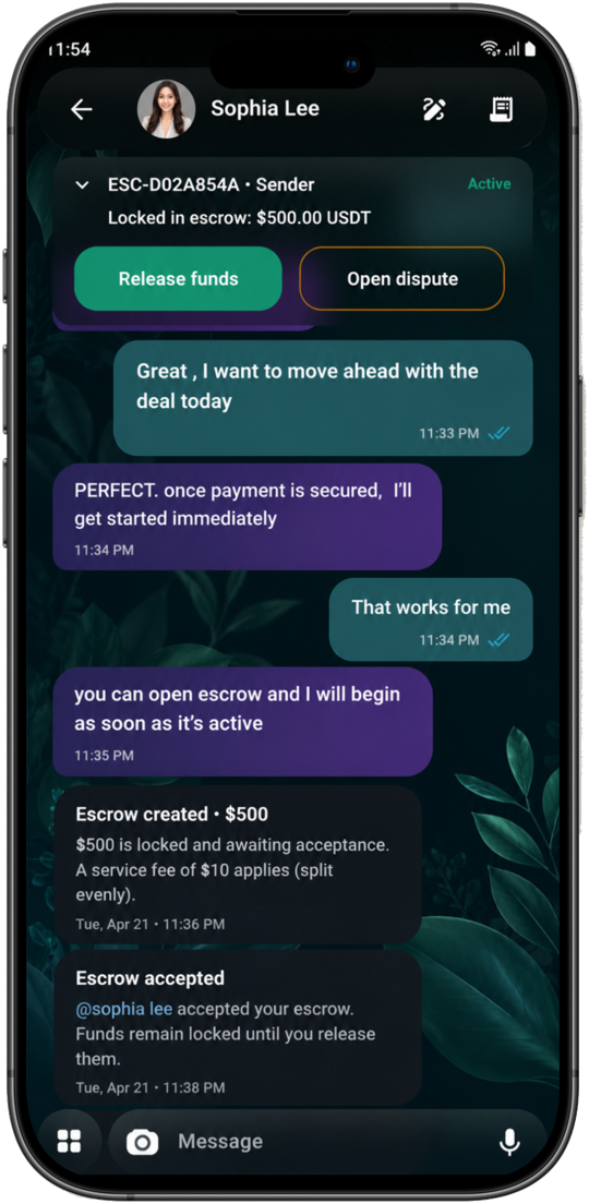 TrustLock active escrow chat with release and dispute actions