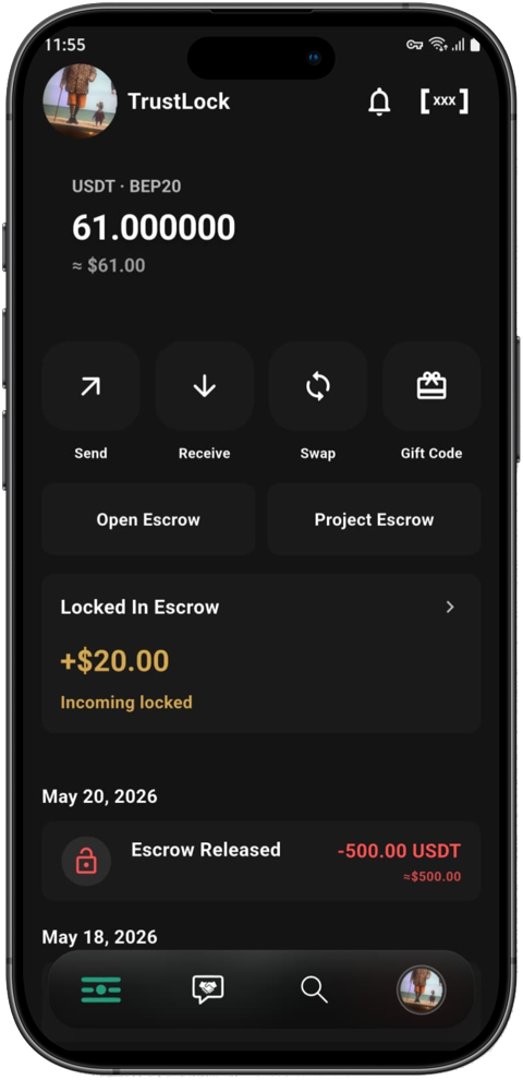 TrustLock wallet home screen showing balance and transactions